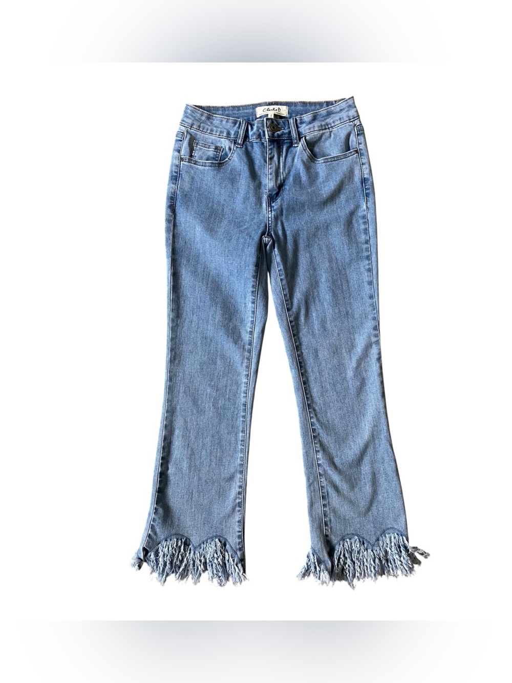 Charlie B Women’s Cropped Bootcut Jeans Blue Scalloped Feather Fringe Hem Size 2